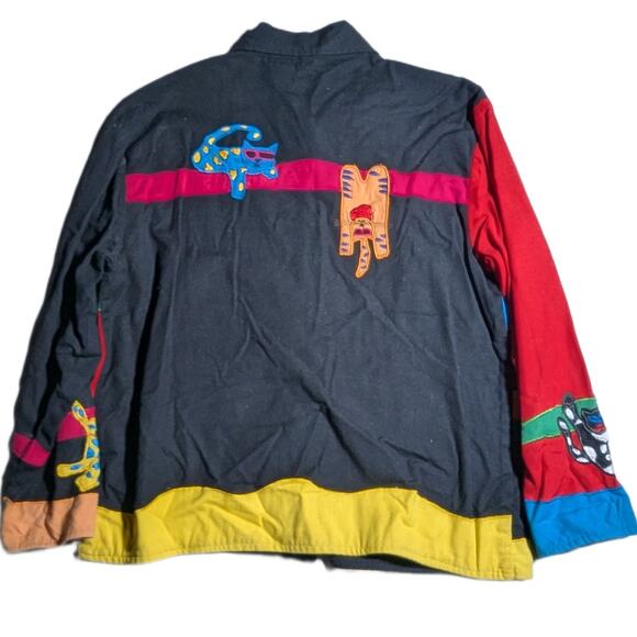 Vtg 1990s Keren Hart Black Primary Color Cat Applique Button Up Jacket Sz S - Picture 2 of 4
